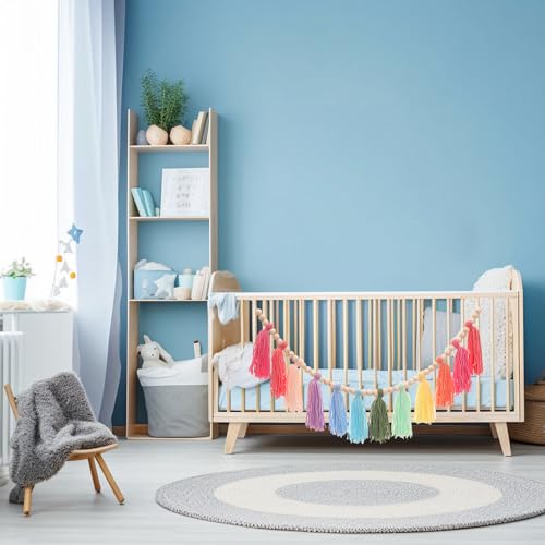 Colorful Tassel Garland with Wood Beads - 43-inch Boho Wall Hanging Decor