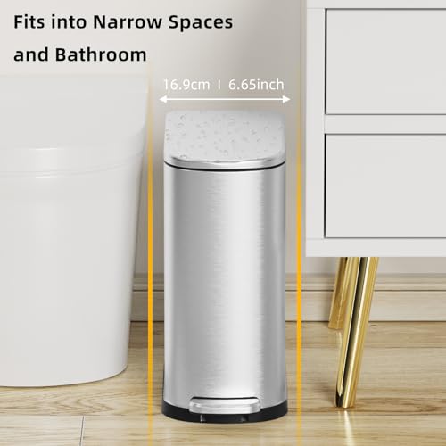 Slim Stainless Steel Trash Can, 2.6 Gallon Soft Close Garbage Can with Removable Inner Bucket and Bags for Bathroom and Narrow Spaces