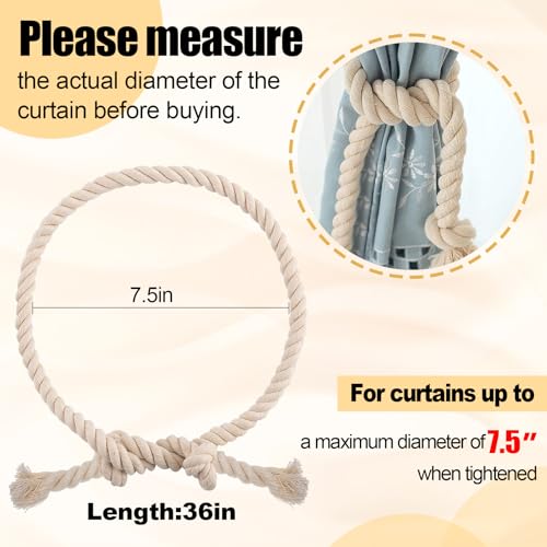 4 Pcs Hand-Woven Cotton Curtain Tiebacks, Boho Farmhouse Drapery Rope 39"