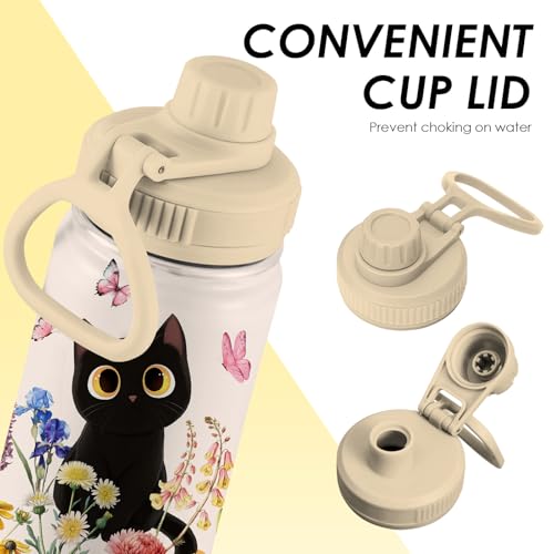 Xiiai Black Cat Water Bottle 34oz with Floral Design for Cat Lovers - Variation Cat-Flower1