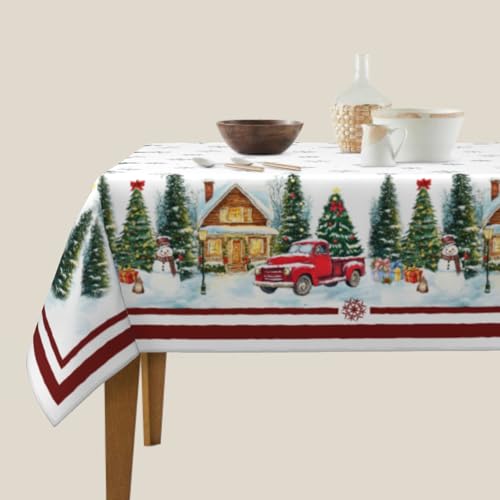 Barneova 54x54 Inch Water-Resistant Christmas Tablecloth with Cedar and Red Truck Design, Reusable Holiday Decor