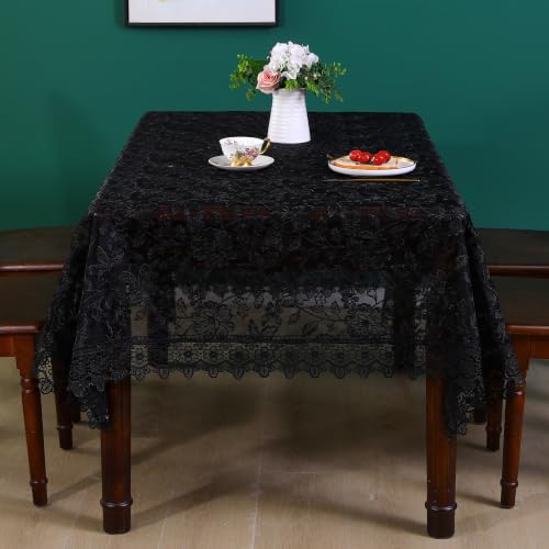 Large Black Lace Tablecloth 140 Inch Rustic Farmhouse Rose Jacquard