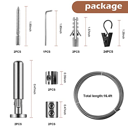 16ft Stainless Steel Curtain Wire Hanging System with 96 Clips, 4 Sets