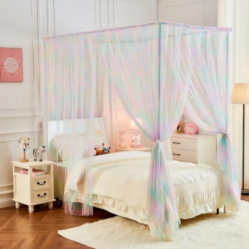 Pink Rainbow Bed Canopy for Twin Bed, 4 Corner Post Princess Bed Curtains