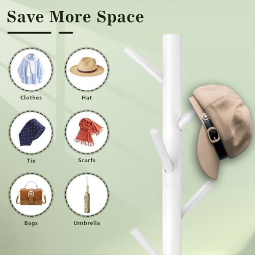 Freestanding Wooden Coat Rack - 8-Hook Adjustable Pine Clothes Tree, White