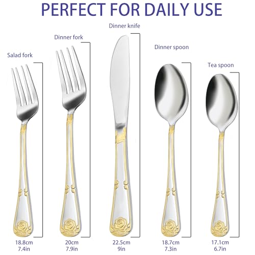 MUJINON 18/0 Stainless Steel Silverware Set for 4 with Gold Accents - 20 Piece Flatware for Formal Dining & Gift