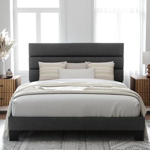 Allewie Queen Size Platform Bed Frame with Upholstered Headboard Dark Grey
