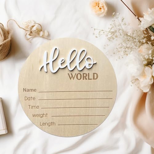 Wooden Hello World Baby Announcement Sign - 5.9 Inch Birth Stats Prop