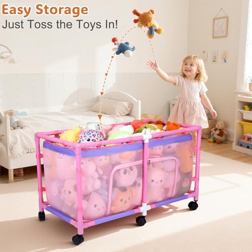 Large Rolling Toy Storage Bin with Mesh Sides and Rotating Wheels
