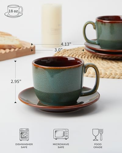 Pokini Sage Green Stoneware Coffee Cups & Saucers Set of 4, Espresso Mug Set