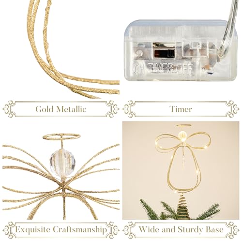 Gold 10 Inch Lighted Angel Tree Topper with Timer - Christmas Decoration