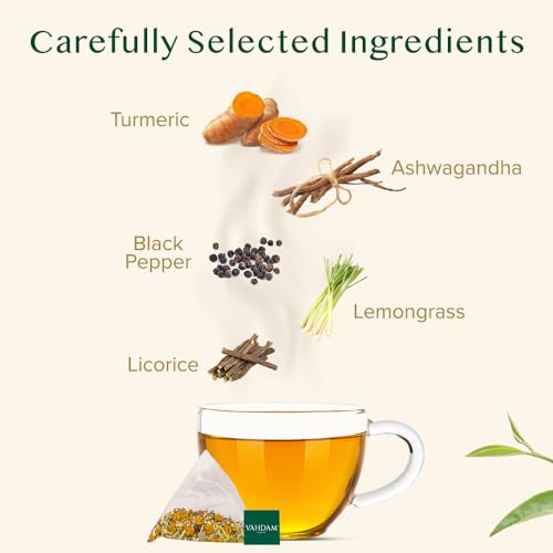 VAHDAM, Turmeric Ashwagandha Herbal Tea Bags (100 Count) Caffeine Free, Non GMO, Gluten Free | 100% Pure Herbal Blend - Sweet & Earthy | Whole Leaf Tea Bags | Resealable Ziplock Pouch