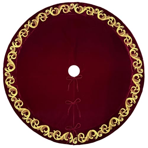 Starry Dynamo 60-Inch Burgundy Velvet Christmas Tree Skirt with Gold Swirl Embroidery