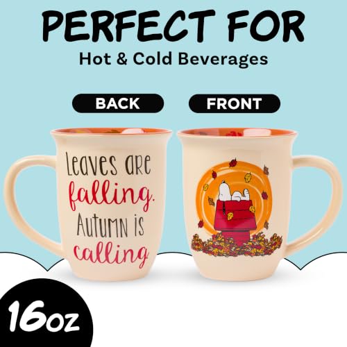 Peanuts Snoopy Fall Leaves 16oz Ceramic Mug - Autumn Themed Coffee Cup, Officially Licensed