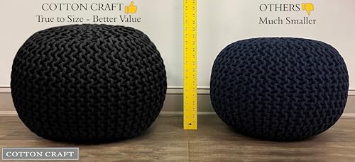 Hand Knitted Round Cotton Pouf - 20x14 Inch Ivory Floor Ottoman Footrest