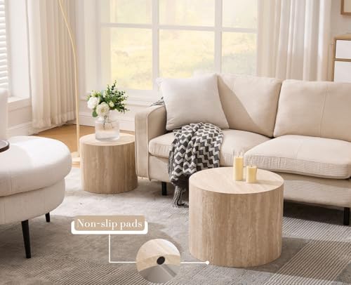 Round Wood Nesting Coffee Table Set of 2 - Minimalist Modern Side Tables