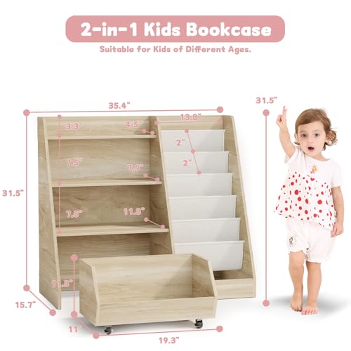 4-Tier Kids Bookshelf and Toy Storage Organizer with Rolling Drawer, Oak
