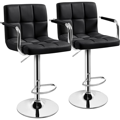 Adjustable Swivel Bar Stools with Backs and Armrests, Set of 2, Black