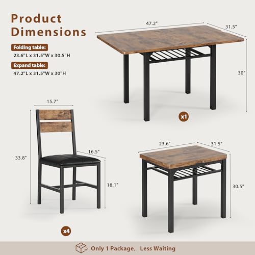 5-Piece Extendable Dining Table Set with 4 PU Leather Chairs & Storage Rack