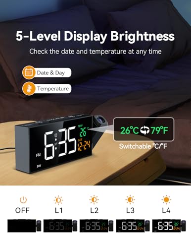 Projection Alarm Clock for Bedroom Ceiling - 180° Rotatable Digital Clock