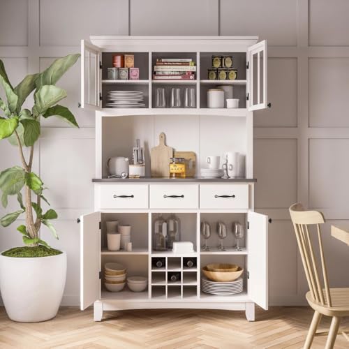 Off-White Buffet Server with Hutch and Wine Storage, 44-Inch Wide