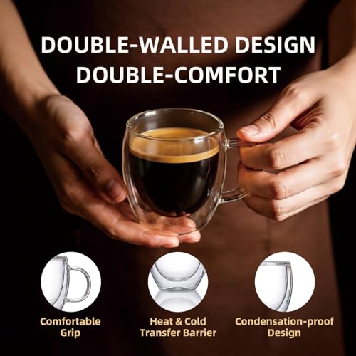 Double Wall Insulated Espresso Shot Cups Set of 2 - Clear Borosilicate Glass Demitasse Mugs with Handles