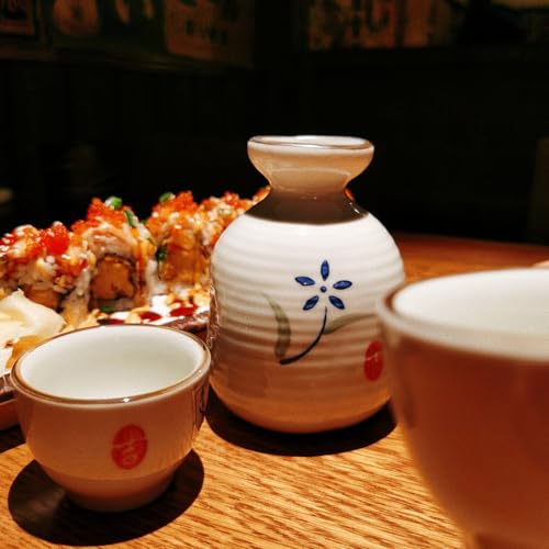 MIRUIKE White Traditional Japanese Sake Set with Tokkuri & 2 Ochoko Cups