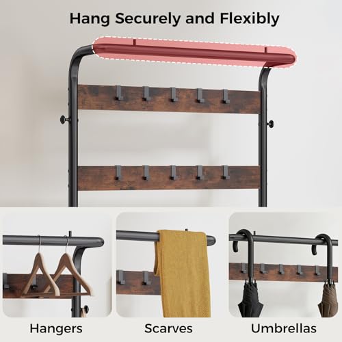 Rustic Hall Tree with Shoe Bench, Lift-Top Storage and 10 Hooks