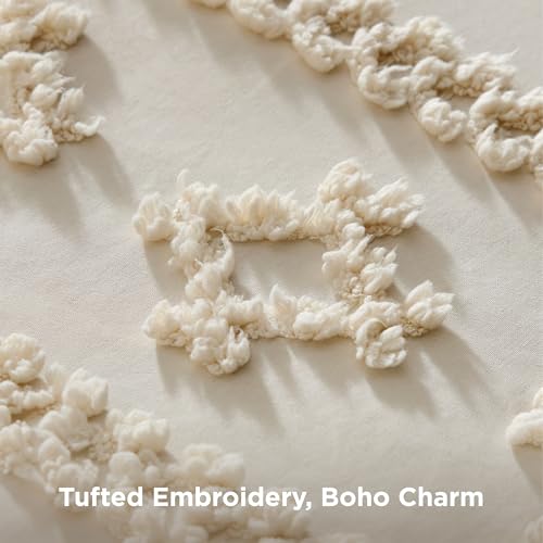 Bedsure Tufted Boho Comforter Set Queen Size - Beige Farmhouse Bedding