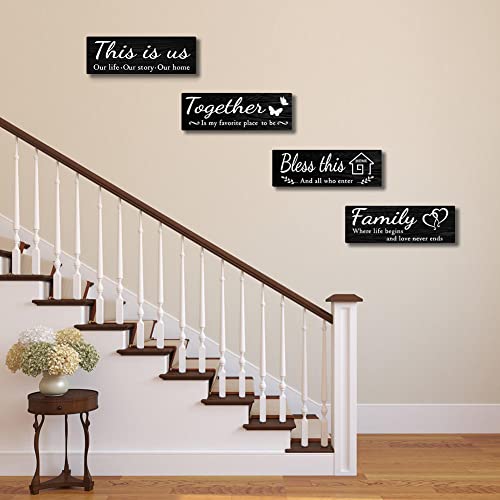 4-Piece Rustic Wooden Wall Decor Signs with Family Quotes for Home Living Room