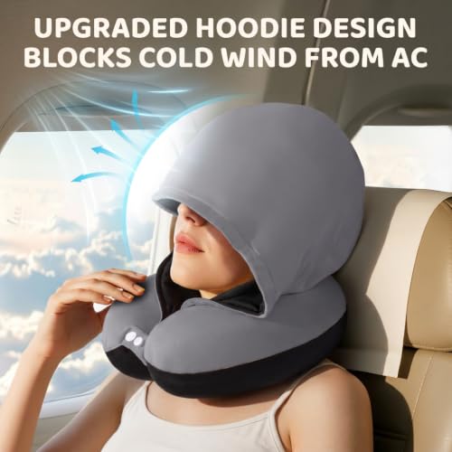 Travel Neck Pillow with Hood - Memory Foam, Adjustable, Washable, Gray