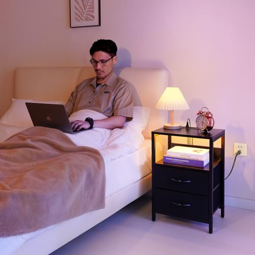 LED Nightstand with Charging Station, 2 Fabric Drawers & Storage Shelf