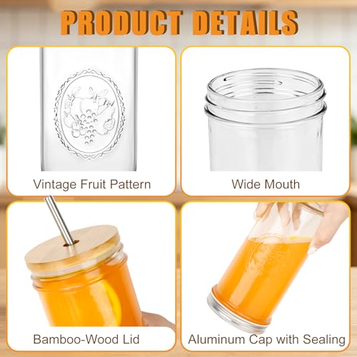 24 oz Glass Mason Jar Tumblers with Lids and Straws - 4 Pack Embossed Mugs