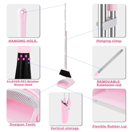 Long Handle Broom and Dustpan Set with Built-In Comb Teeth - Pink