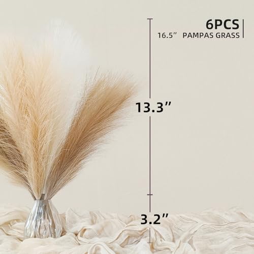 Faux Pampas Grass Decor 17-Inch Artificial Stems - 6 Pack for Boho Home