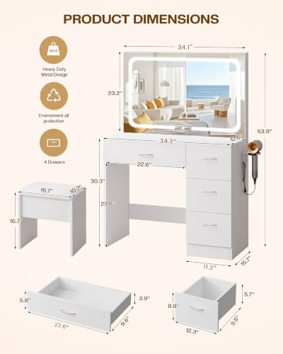 35.4" White Vanity Desk Set with LED Mirror, Charging Station & Stool