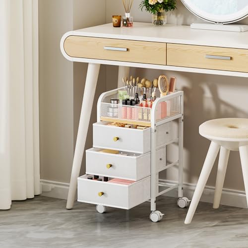 White 4-Tier Rolling Makeup Organizer Cart with 3 Drawers & 9 Compartments