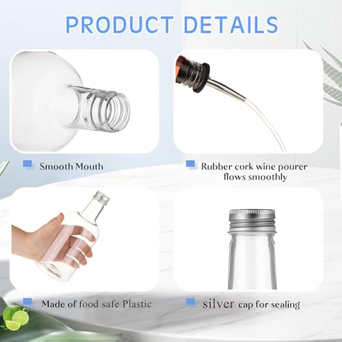 Maxcheck 6 Sets 16 oz Plastic Liquor Bottles with Stainless Steel Pourers - Long Neck Bar Supplies