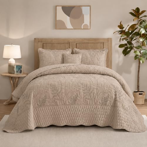 DaisyHuang Oversized King Quilt Bedspread Set - Taupe Leaf Stitching