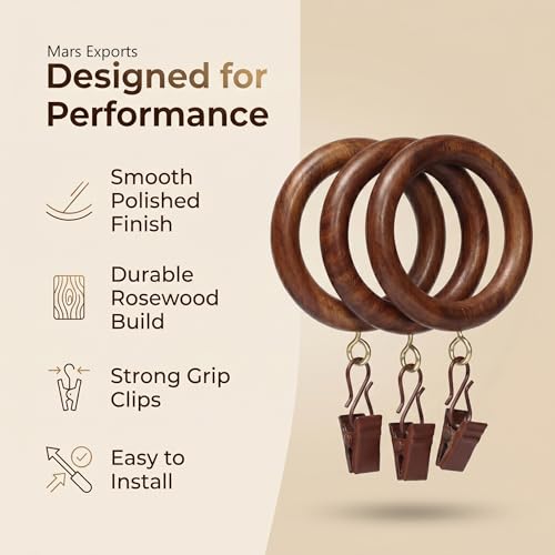 24 Pack Wooden Curtain Rings with Clips, 1.75-Inch Inner Diameter