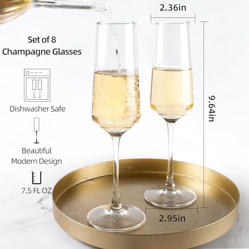 8 Pack Champagne Glasses Set - 7.5 oz Modern Sparkling Wine Flutes, CZUMJJ
