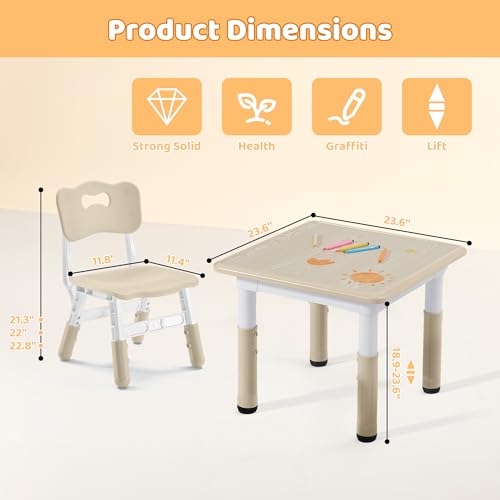 CuFun 23.6L x 23.6W x 23.6H Natural Kids Adjustable Table & Chairs Set for Ages 2-8