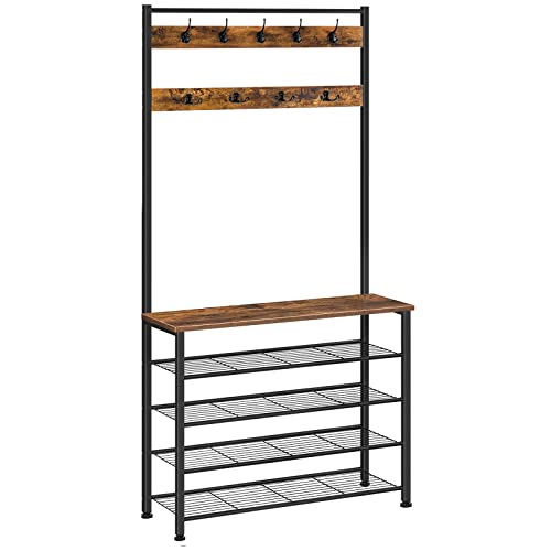 Industrial Hall Tree with Bench and 5-Tier Shoe Rack, 9 Hooks for Entryway