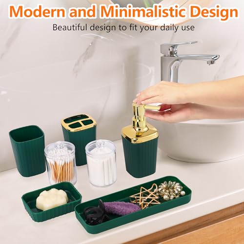 9-Piece Dark Green Bathroom Accessory Set with Trash Can and Vanity Tray