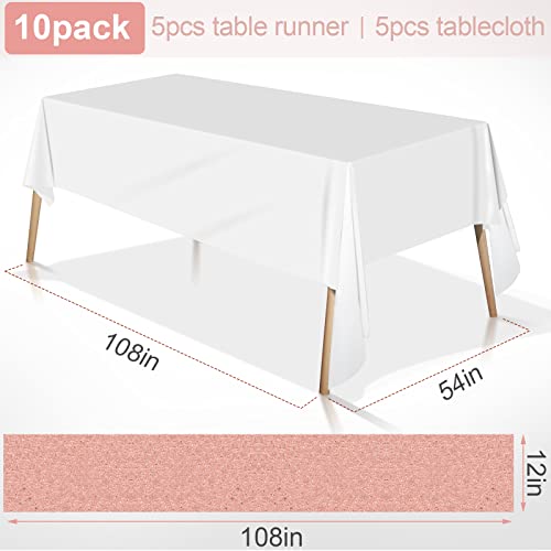 Party Tablecloth and Rose Gold Sequin Table Runner Set - Disposable 8ft Rectangular