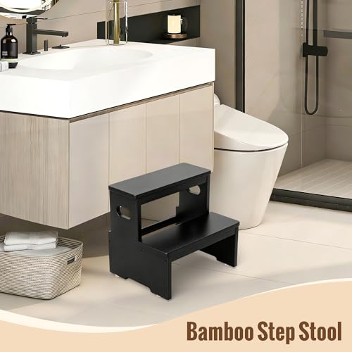 2-Step Bamboo Step Stool, Heavy Duty 450lb Capacity for Adults and Kids
