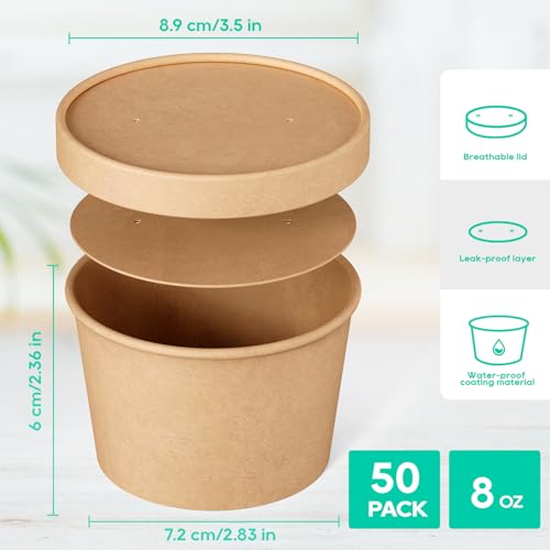 8oz Paper Soup Containers with Lids – 50 Pack, Disposable Take-Out Cups