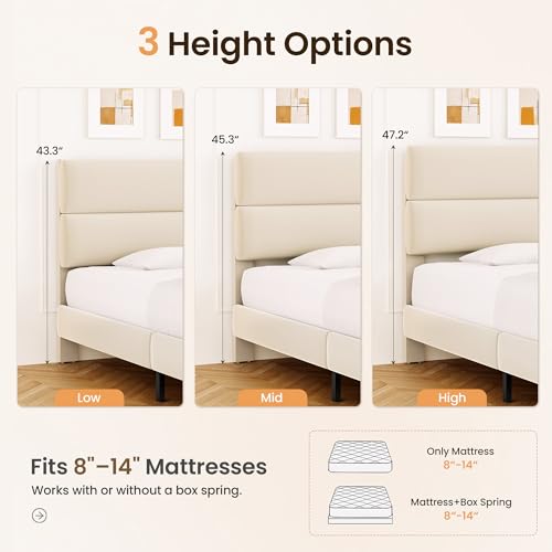Queen Upholstered Platform Bed Frame with Adjustable Velvet Headboard, Beige