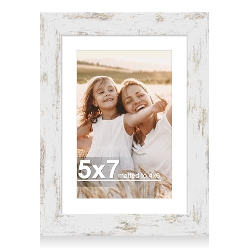 Hongkee Distressed White Wooden 5x7 Picture Frame with Glass for Wall and Tabletop