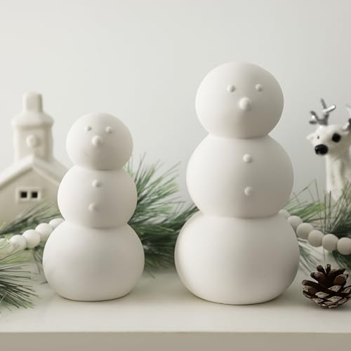 Yalikop 2 Pack White Ceramic Snowman Figurines Christmas Decor Set